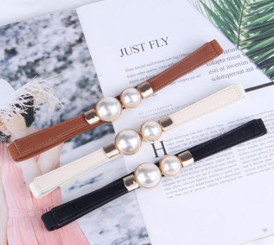 Korean Retro Pearl Elastic Belt Women Pearl Buckle Decorative Belt For Dress