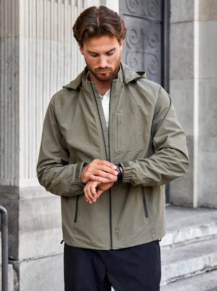 Manfinity RelaxMax Men's Solid Color Zip Up Hooded Casual Jacket, Spring Autumn