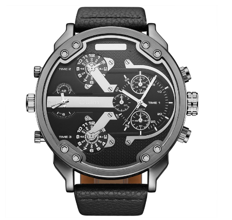 Oulm Watch Double Movement Men Quartz Sports Leather Strap Watch BLACK