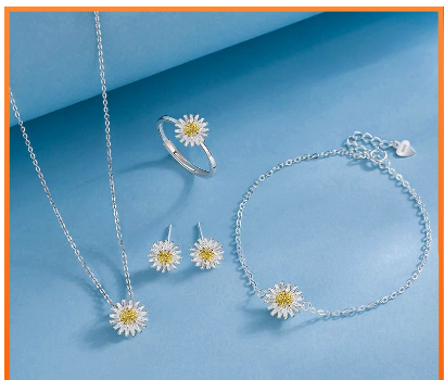 925 Silver 4 IN 1 Sweet Small Daisy Flower Necklace Bracelet Ring Earrings Jewelry Set