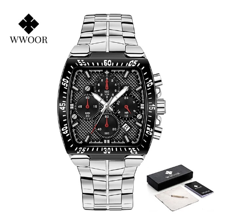 Wwoor Luxury Square Watch Men Military Steel Gold Black Quartz Waterproof Sports Chronograph Wristwatch BLACK DIAL SILVER STRAP