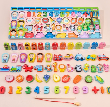 Wooden educational toy puzzle board calculation early education toy building block fishing game