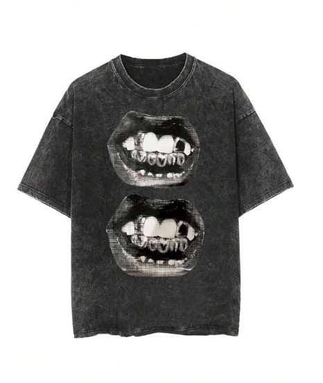 Men's Summer Casual Fun Printed Drop Shoulder T-Shirt, Gothic Vintage Washed-Out, Leisure Streetwear, Casual Short Sleeve Tee, Lips Pattern T-Shirt