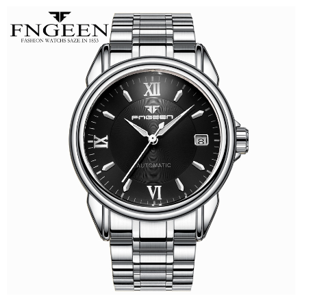 FNGEEN 6602 Men's Automatic Mechanical Watch  SILVER BLACK