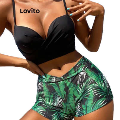 Lovito Women Sexy Pleated Bikini Sets LNL36102 (Black)