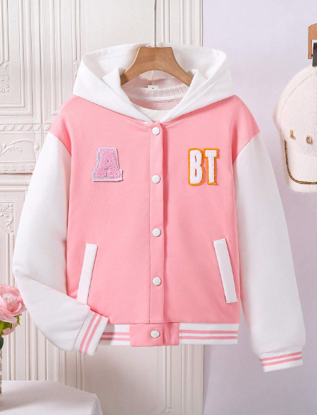 Tween Girls Casual Loose Interesting Design 3D Embroidery Colorblock Zip Up Hooded Jacket For Daily Commute Leisure Street Photography, Autumn Winter