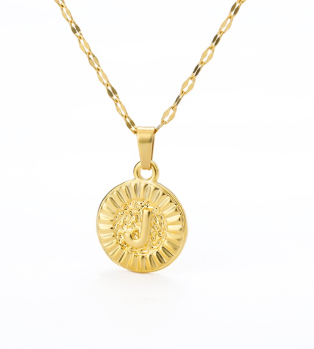 Maxzone A-Z Initial Round Letter Pendant Necklace For Women Stainless Steel Gold Choker Coin Letter Necklace J