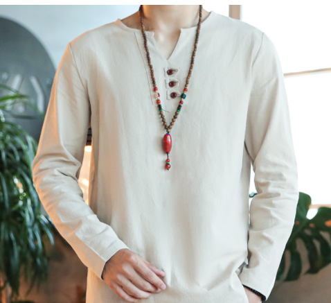 Men Chinese Style Cotton Linen T-Shirt Long Sleeve Vintage Casual T-Shirts Buckle Summer Fashion Top T-shirt