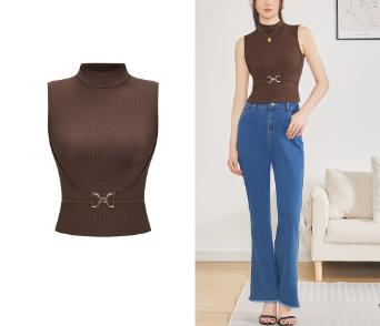 Lovito Women Metal Structure Line Tank Top L62ED062 Khaki