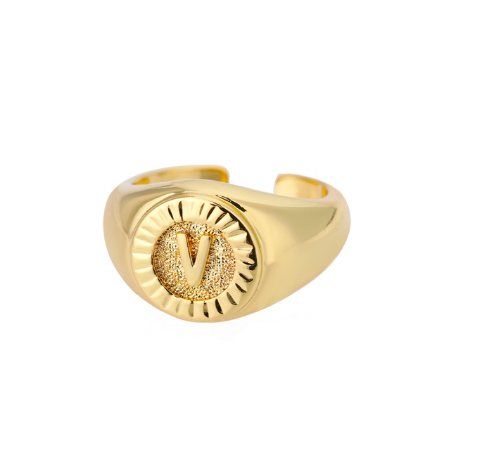 Maxzone Vintage Initial Letter Signet Rings For Women Stainless Steel Ring Round Opening Gold Letter Ring Aesthetic Wedding Jewelry Gift V
