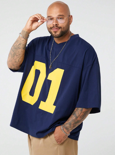 Manfinity CozeMod Plus Size Men's Casual Letter Print Loose V-Neck Short Sleeve T-Shirt, Suitable For Sports In Summer