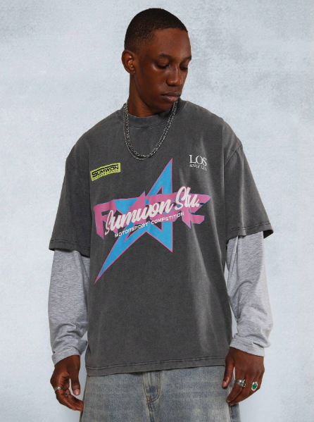 SUMWON Grey Doc Sleeve Washed Tee With Star Rage Graphic Print