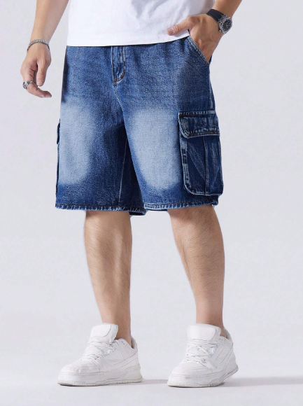 Manfinity LEGND Men's Plus Size Washed Denim Shorts With Flap Pockets Baggy Cargo Plain Navy Blue Office Street Wear