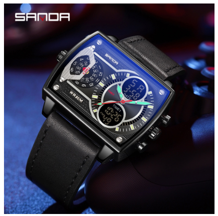 Sanda Multi-function Three Time Zone Luminous Digital LED Display Watch Successful Men Will Burst Out Charm Quartz Watch ALL BLACK