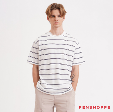 Penshoppe Modern Fit Striped Textured T-Shirt For Men (Off White)
