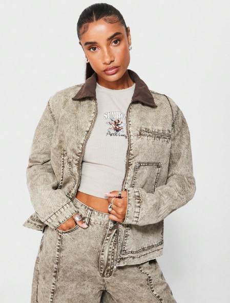 SUMWON WOMEN Washed Zip Through Utility Jacket With Corduroy Collar