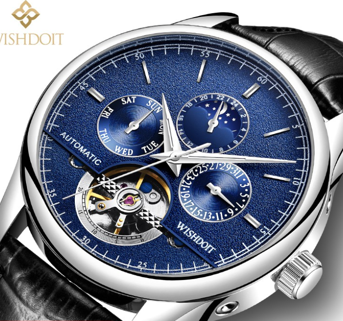 WISHDOIT Watch For Men Original Waterproof Leather Strap Business Fashion Luminous Automatic Mechanical Wristwatch BLACK BLUE