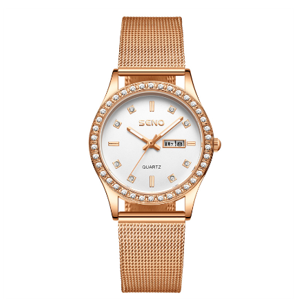SENO Women's Watches Casual Stainless Steel Alloy Quartz Waterproof Ladies Wristwatches Luxury Elegant Rhinestone Full Diamond Female Watch WHITE MESH STRAP