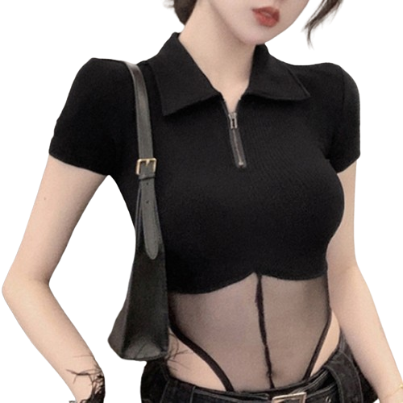 Lovito Women Zipper Mesh Bodysuits LNE31107 (Black)