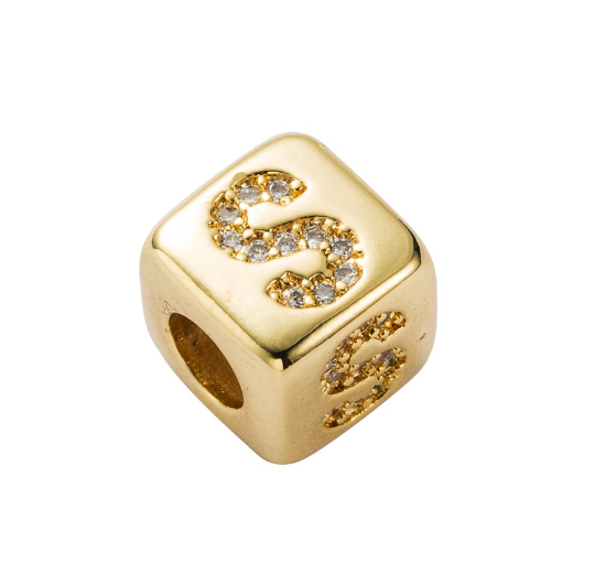 Gold Rhinestone Letters Cube Charm for Bracelet Necklace A-Z Alphabet Dice Beads S
