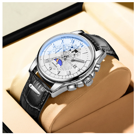 LIGE New Watch Men's Fashion Leather Waterproof Full Calendar Chronograph Watches Military Sports Quartz WristWatch SILVER WHITE