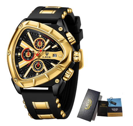 LIGE Official Relo Male Business Quartz Watches Silicone Strap Sport Chronograph Wristwatch Waterproof Luminous Triangle Watches GOLD BLACK