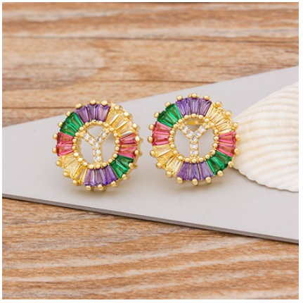 Colorful Choice 26 Initial Letters Earrings Cute Alphabet Copper CZ A-Z Rainbow Stud Earrings Name Jewelry Y