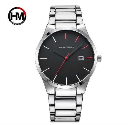 Hannah Martin Watch for Men Stainless Steel Band Quartz Watches Waterproof Watch SILVER RED
