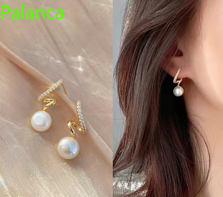 S925 Silver Needle Niche Design Twisted Diamond Pearl Earrings Simple and Versatile Earrings Women