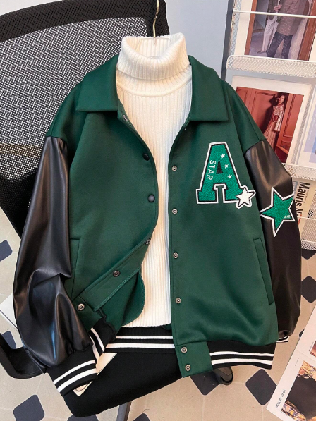 SHEIN Teen Girls' Knitted Colorblock Letter Applique Collar Pocket Casual Loose Long Sleeve Jacket