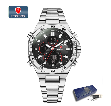 FOXBOX Luxury Men Digital Watch Fashion All Steel Dual Display Watch For Men Casual Waterproof Sports Chronograph Wristwatch SILVER