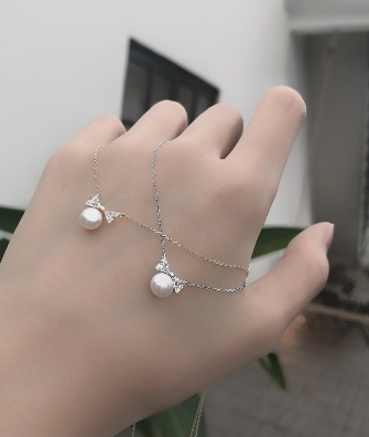 Silver Bow Pearl Necklace Women Clavicle Chain
