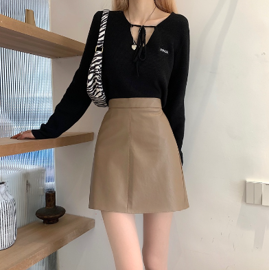 Korean Style Fashion High Waist A-line Skirt Women's PU Leather Thin Loose Skirt