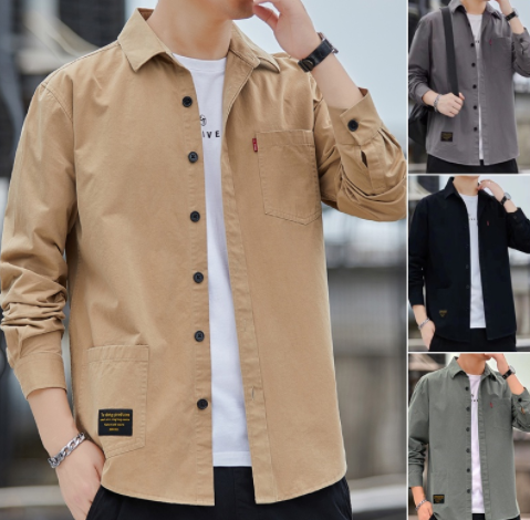 Fashion Long Sleeve Shirt For Men Summer Korean Style Loose Polo Men's Trendy Vintage Multi-Pocket Lapel Casual Shirts Khaki Pocket Button Thin Jacket