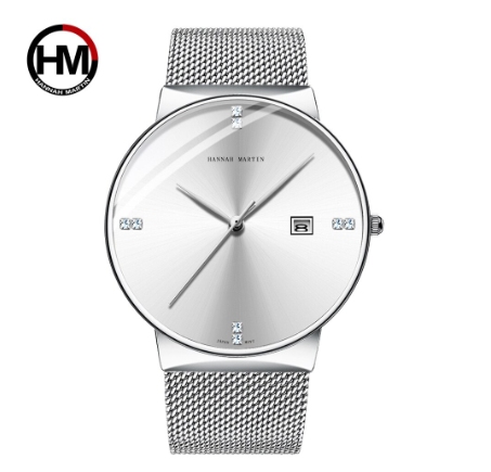 Hannah Martin Fashion Blue Black Gradient Men Watch Diamond Business Waterproof Calendar Wristwatch Japanese Movement Quartz SILVER