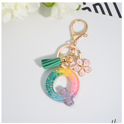 Fashion 26 Letter Resin Keychain A-Z Round Sequins Filled Alphabet Flower Pendant Keyring with Tassel Bag Ornament Accessories Q
