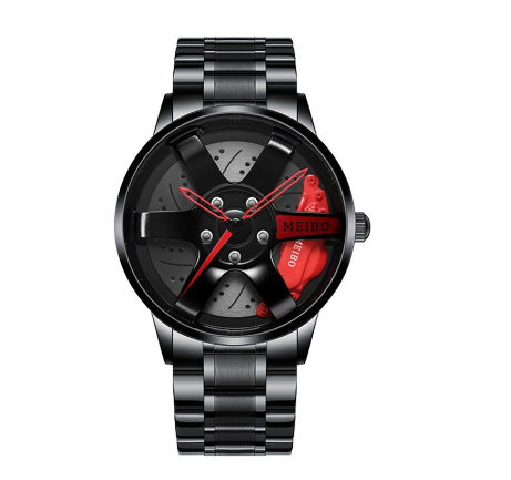 Creative Wheel Dial Men Sports Watch Black Stainless Steel Band Male Quartz Wristwatches RED