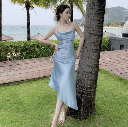 Blue Satin Tie Backless Silk Slip Dress