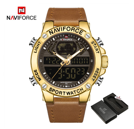Naviforce NF9164 Men Digital Sport Top Brand Luxury Military Genuine Leather Analog Led Quartz Male Clock GOLD
