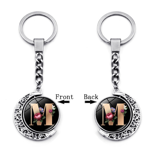 1PC Exquisite 26 Letter Glass Keychains Double Sides Moon Flower A-Z Initials Keyrings Handbag Charms Ornaments Gifts M