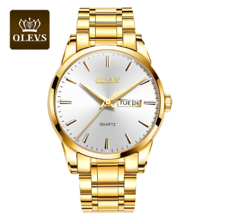 Olevs Watch For Men Original Waterproof Stainless Steel Men's Business Quartz Fashion Trend Luminous Gold Wrist Watch WHITE DIAL GOLD CASE STRAP