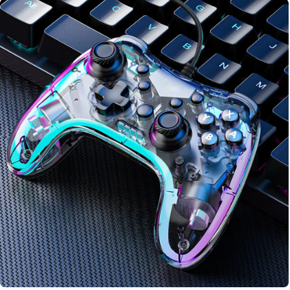 RGB Gamepad with Turbo Function Transparent Game Controller Anti-wear Rocker Wired Games Handle Gaming Accessories for PS Switch