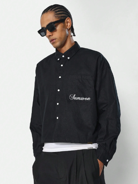 SUMWON Crop Fit Button Up Oxford Style Shirt With Embroidery