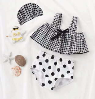 Children Swimsuit Girls Korean 2022 New Cute Split Bowknot Checked Baby Suit