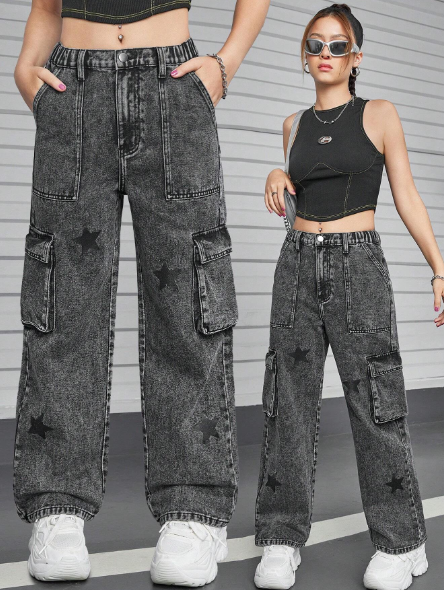 SHEIN Streecool Kids Teenagers' Casual Streetwear Star Print Washed Denim Cargo Pants With Large Pockets