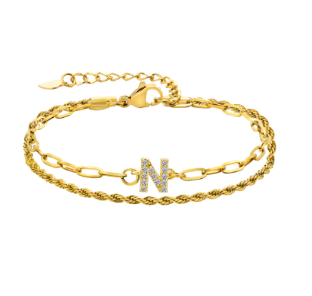 Vnox Letter Double Layer Braelet,18K Gold Fried Twistsed Paper Clip Zirconia Initial Stainless Steel Chain Link for Women N