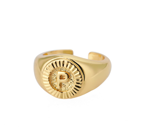 Maxzone Vintage Initial Letter Signet Rings For Women Stainless Steel Ring Round Opening Gold Letter Ring Aesthetic Wedding Jewelry Gift P