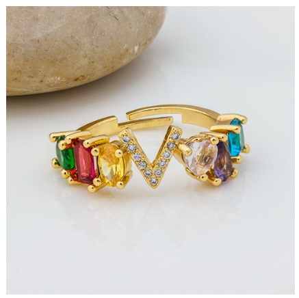 Hot Sale Adjustable A-Z 26 Initial Ring Bohemian Copper Zircon Rainbow Letter Rings for Women Girls Jewelry V