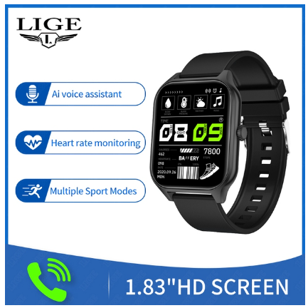 LIGE Original Smart Watch Men Women 1.83 inch HD Screen Bluetooth Call Smart Bracelet Men Health Monitor Sport Watch MESH BLACK