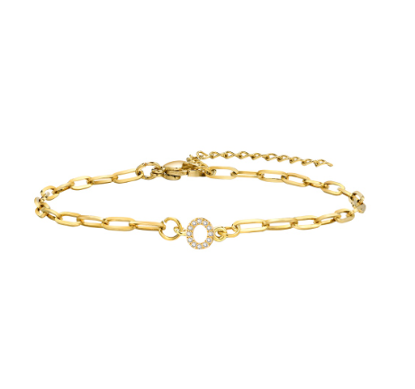 Vnox 18K Gold Zircon Initial Bracelet,Letter Charm Link Stainless Steel Flat Cross Bracelet O